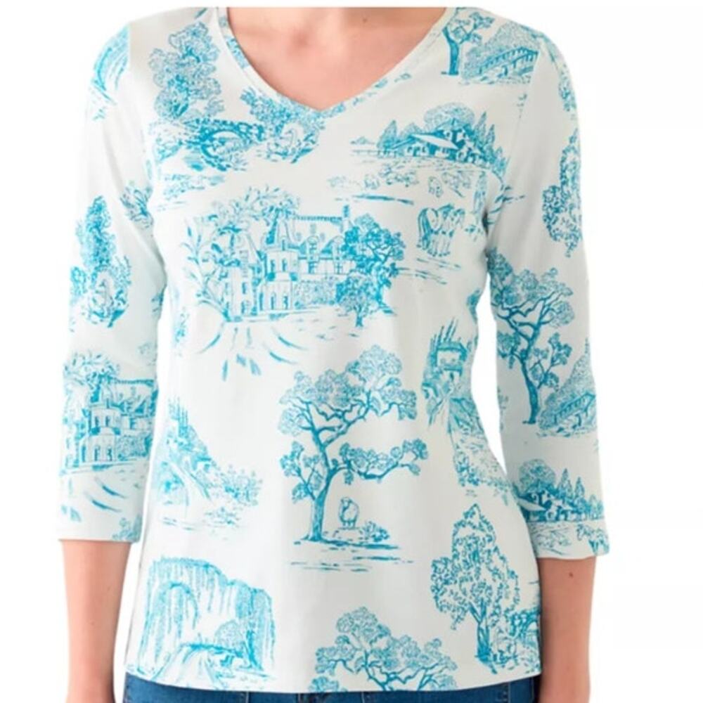 Kim Rogers Perfectly Soft 100% Cotton Tee 3/4 Sleeve Provençal Print Medium NEW